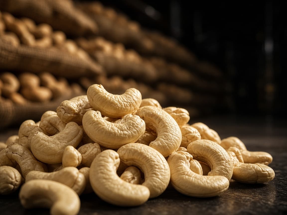 High-end macro photograph of raw cashew nuts in a commodity warehouse setting