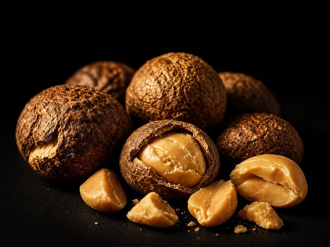 Premium close-up of sheanut kernels with dramatic editorial lighting